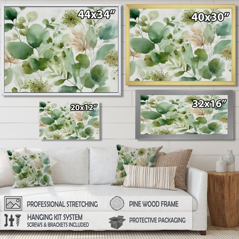 «Watercolor Greenery Sage Watercolor - Plants», impression sur toile botanique verte, H 30 po x l 40 po, Cadre flottant, Noir