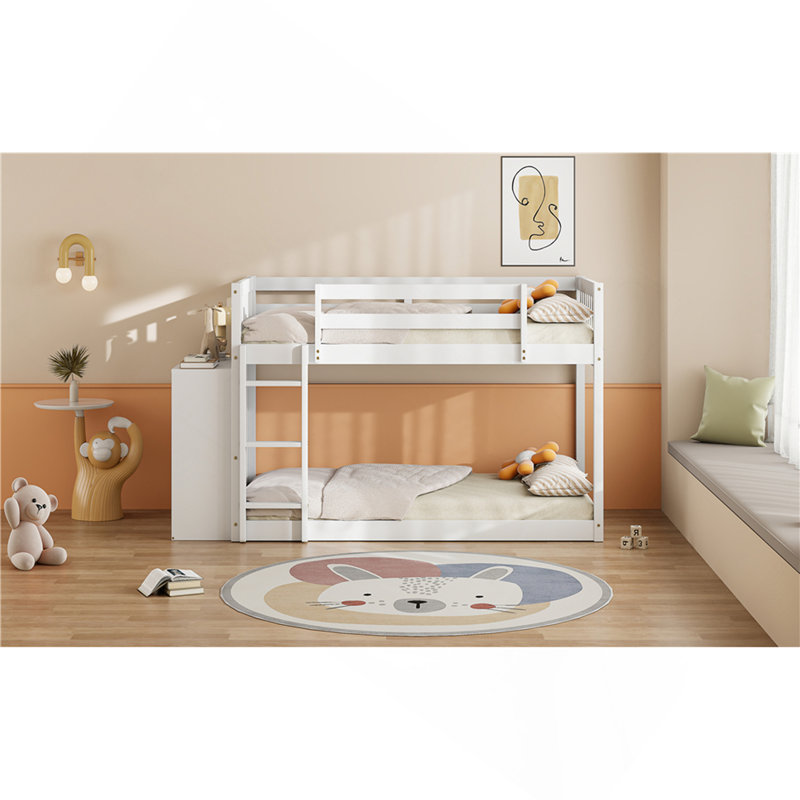 Lit superposé simple au-dessus de simple avec 4 tiroirs et 3 tablettes - blanc