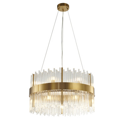 Lustre 14 lumières dorées avec tiges de verre transparent