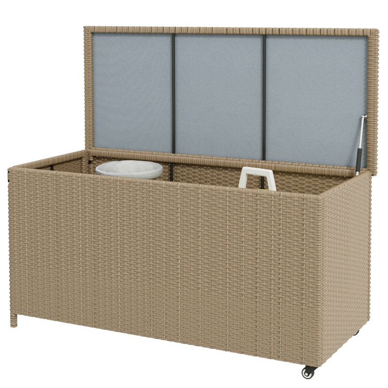 Large Brown Wicker Plastic Deck Box with Wheels