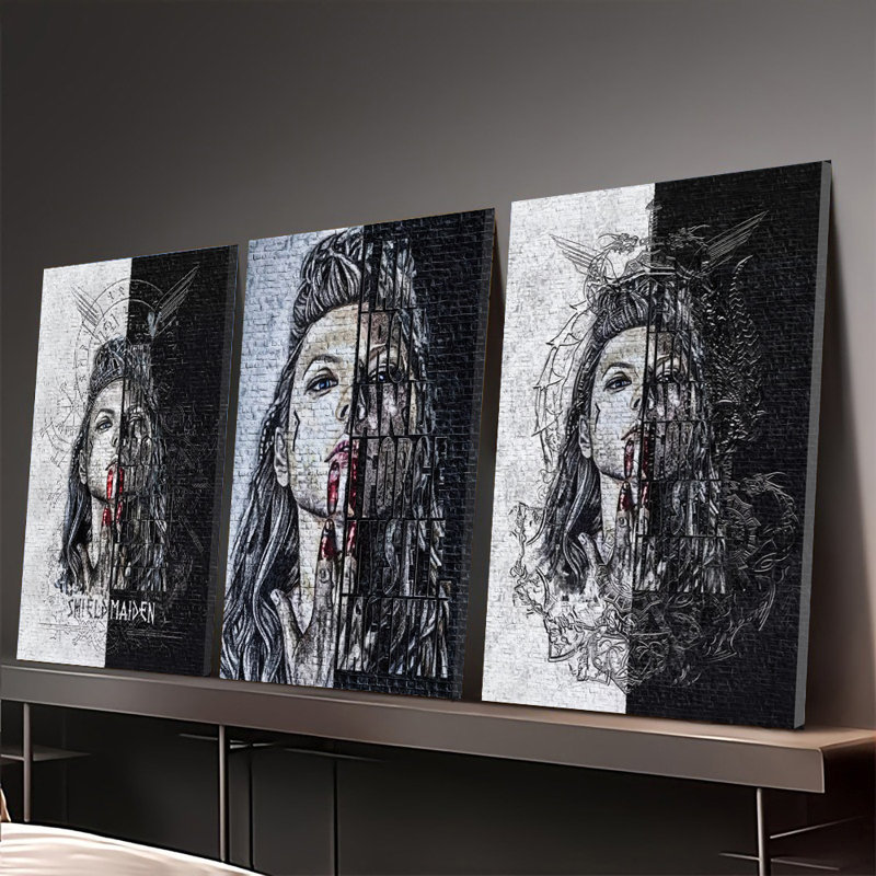 Ensemble de 3 affiches d'art mural encadrées, ensemble de triptyques d'art sur toile Viking Shieldmaiden, H 8 po x l 12 po