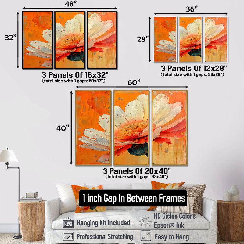 «White Orange Vibrant Burst Marigold», ensemble de reproductions d'art mural souci, Toile argentée avec cadre flottant