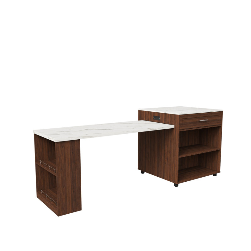 80-Inch Expandable Kitchen Island with Dining Table, Walnut Marble-Grain Top