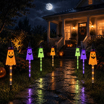 Paquet de 6 lumières de chemin fantôme solaires d'Halloween, conception de piquets à DEL