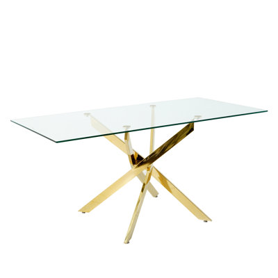 63" Rectangle Glass Dining Table for 4-6 Modern Glass Tabletop Kitchen Table for 4-6 Luxury Dining Room Tables with Metal Base for Home Kitchen Dining Room