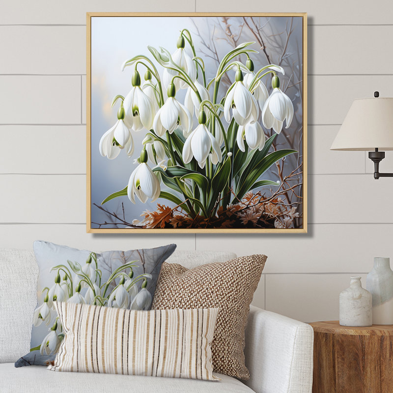 White Green Snowdrops Romantic Impression II - Floral Canvas Wall Art, Cadre naturel flottant, H 24 po x l 24 po x P 1 po