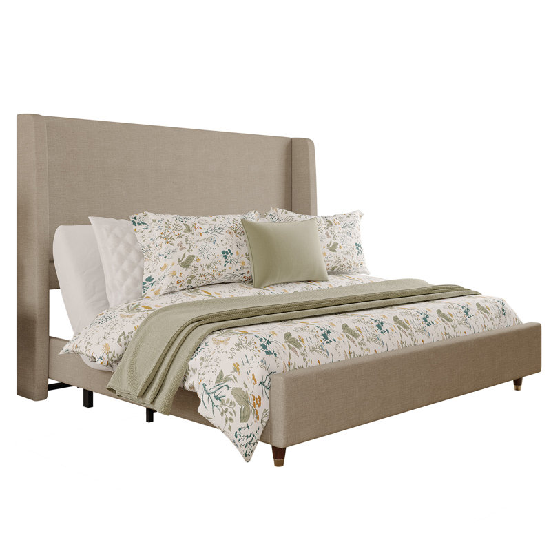 Smart Adjustable Bed Frame / 50" Upholstered Wingback Headboard / No Box Spring Needed, Queen, Khaki