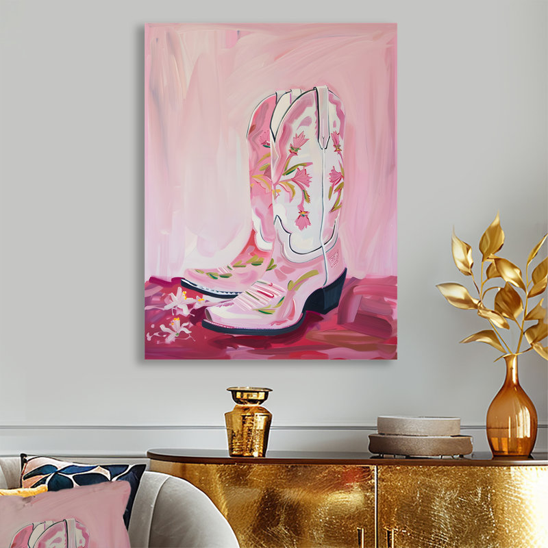 Pink And White Flower Cowgirl Boots - Cowgirls Wall Art Print, Black Floater Framed, 40" H x 30" W