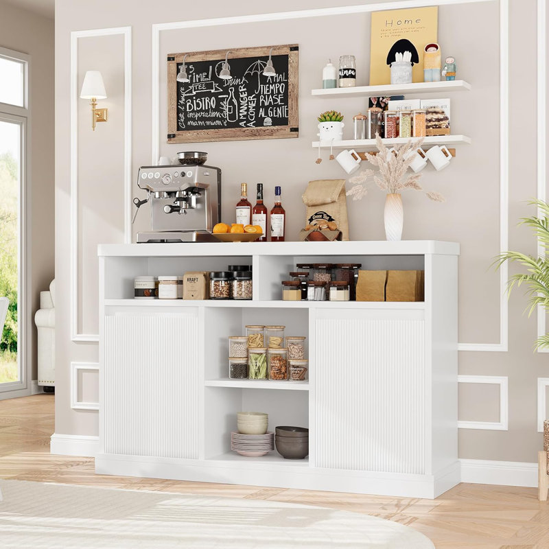 Modern Coffee Bar Cabinet with Storage with 2 Doors, 47.25'' Kitchen Storage Cabinet, Wood Coffee Bar Cabinet with Adjustable Shelf for Kitchen, Living Room, Dining Room, White