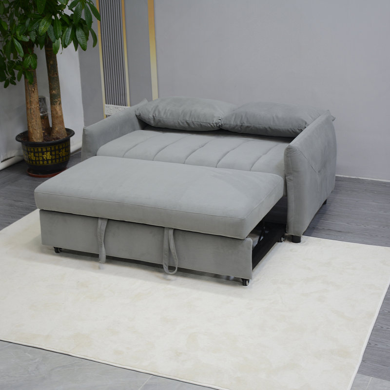 Convertible Loveseat Sofa Bed With Pull - Out Function, Adjustable Backrest, Velvet Upholstery, Side Pockets And Pillows For Living Spaces