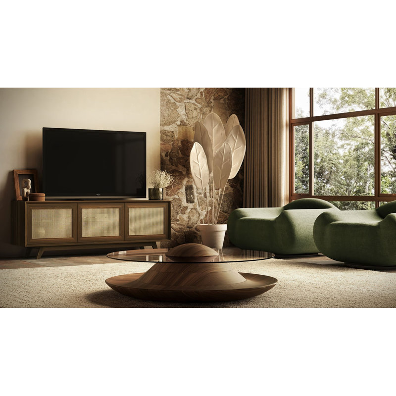Furnitech Madelina - Console de style télé en pin massif de style Mid-Century moderne de 75 po avec portes en bois de noyer et tablette réglable