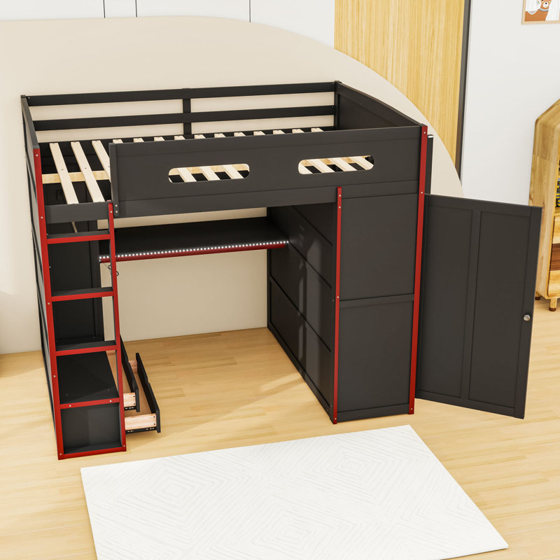 Full Size Loft Bed With Desk, RGB Light And USB Port, Red