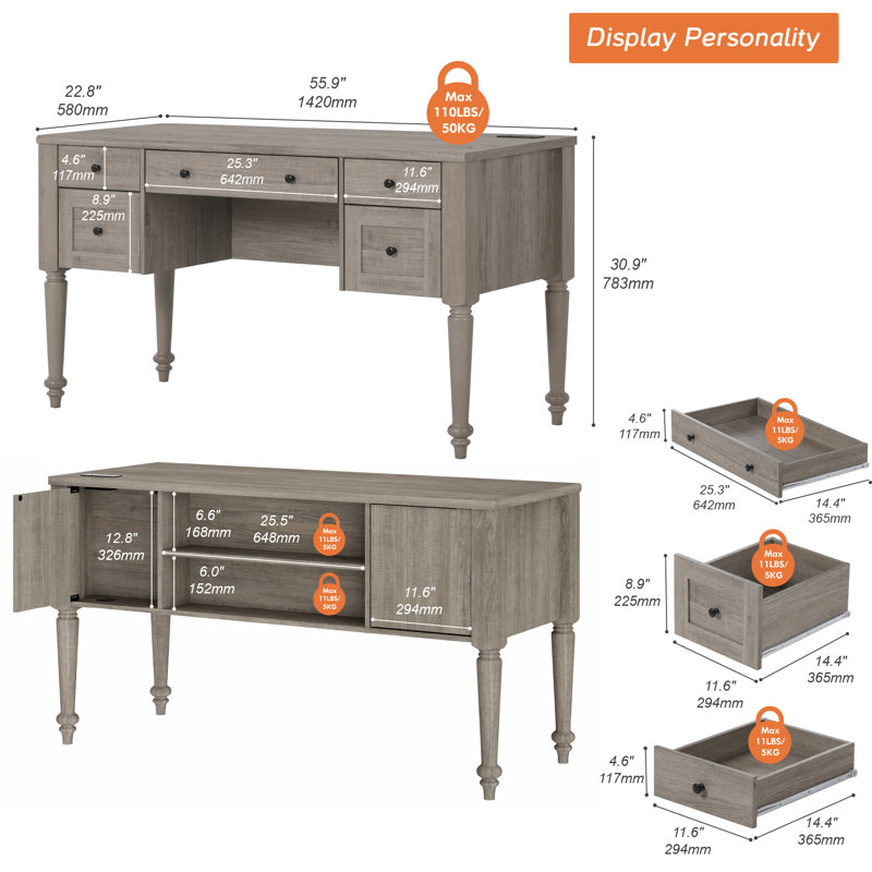 Corretta Morden TV Stand for 60 inch TV with 5 Drawers, Wooden Universal TV Stand with Storage Cabinets, Vintage Office Desk with Charging Station, Entertainment Center TV Console Table for Living Room, Wash Grey