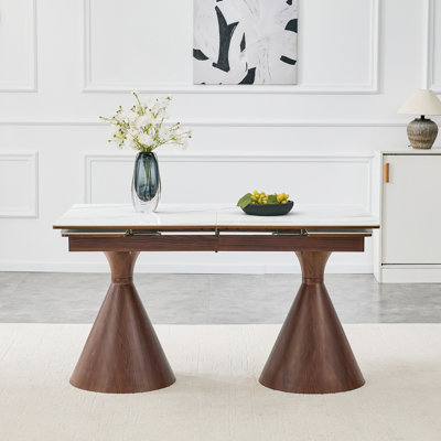 Extendable Stone-Top Dining Table with White Marble Pattern, 55.1”-78.7”