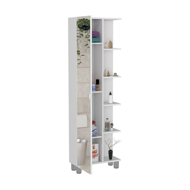 Armoire à linge miroir Urano, quatre tablettes intérieures, cinq tablettes extérieures - blanc