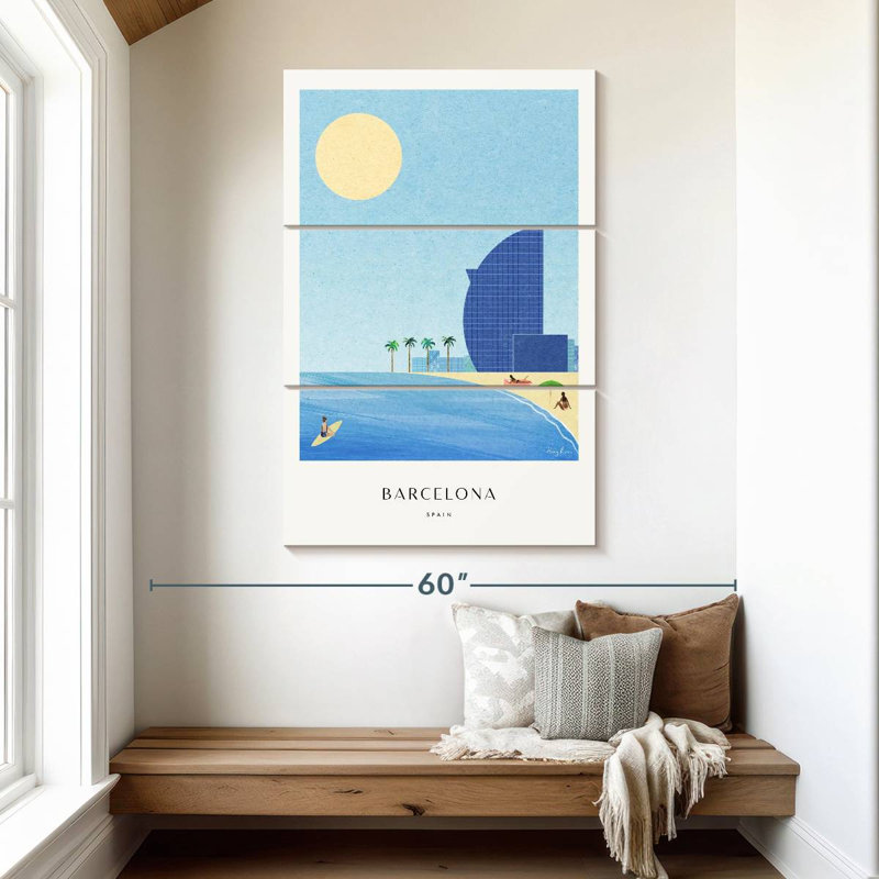 Affiche de voyage rétro de la plage de Barcelone, H 50 po x l 32 po