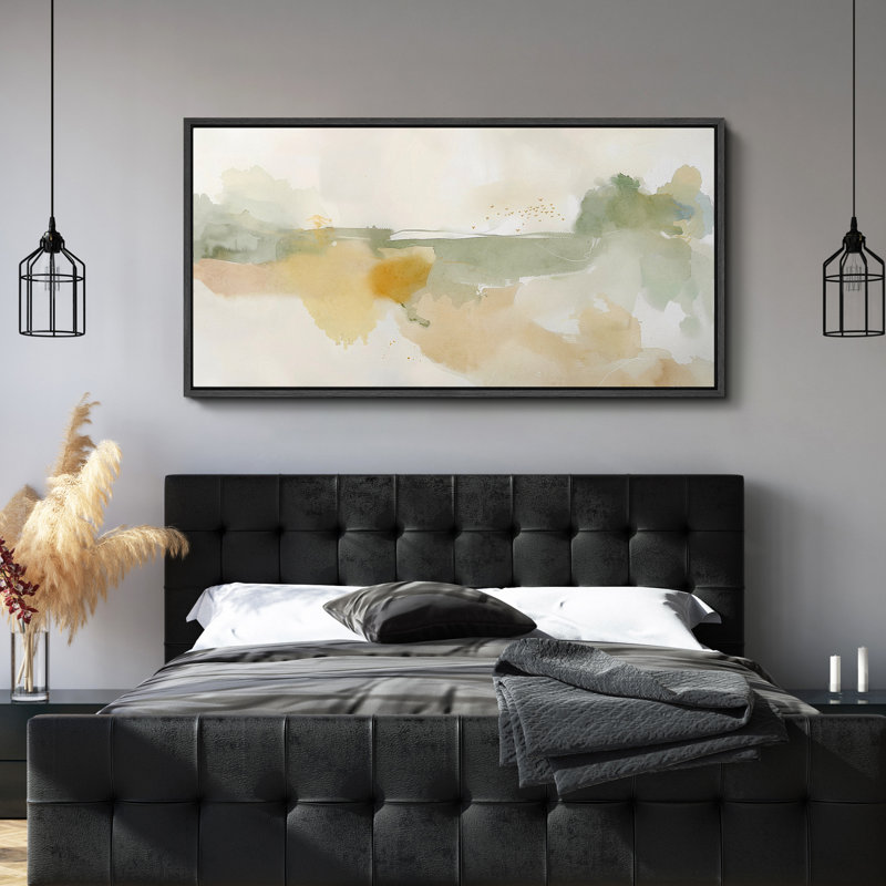 Abstract Green Beige Neutral Wall Prints Minimalist Modern Panoramic Horizontal Boho Wall Art Decor, 30" H x 60" W, Black