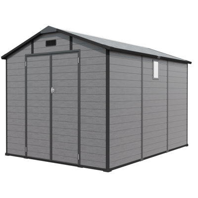 8x10 Ft Plastic Outdoor Storage Shed, Lockable Resin Structure In Dark Gray, Featuring Window And Skylight, Good For Workshop, Patio Furniture, Lawn Mowers, Easy To Put Together Spacious Gray Shed