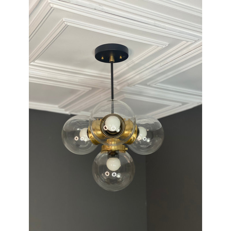 Lustre moderne 5 lumières Mid-Century, Laiton noir, Transparent