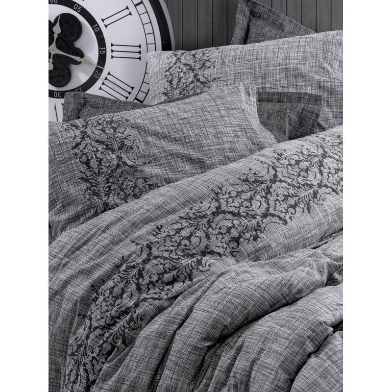 Ensemble de housse de courtepointe en coton XXL Ranforce, gris | Housse de couette 61 x 87, 1 taie d'oreiller 31,5 x 31,5 | 100% coton, impression réactive, lavable à la machine à 104 ° F, fermeture à boutons | Doux, durable, parfait pour les chambres confortables