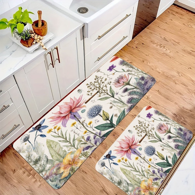 Colorful Wildflower, Kitchen Mats Set Of 2, Pink Floral