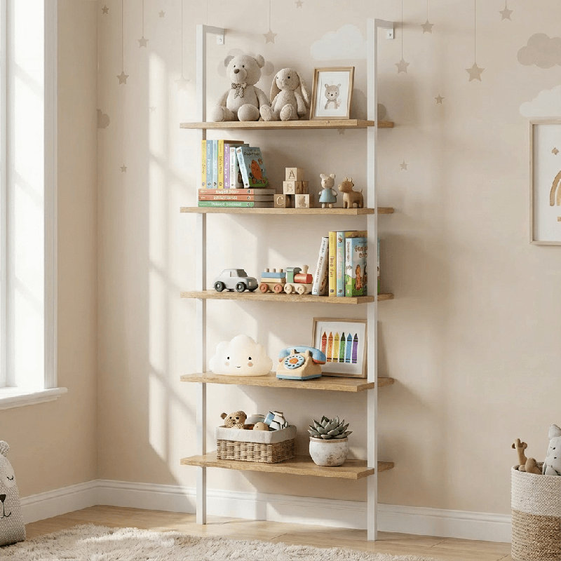 5-Tier Bookshelf Wall Mount Ladder Bookcase Industrial Standing Corner Bookshelf With Wood Board And Metal Frame, Modern Tall Narrow Storage Organizer For Home Office(Set Of 2)