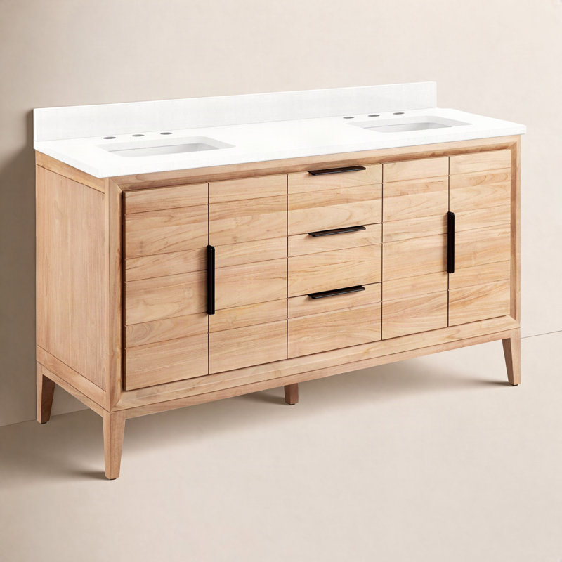 Meuble-lavabo double 60 po Aliso, 8 po, Quartz blanc plume, Teck naturel