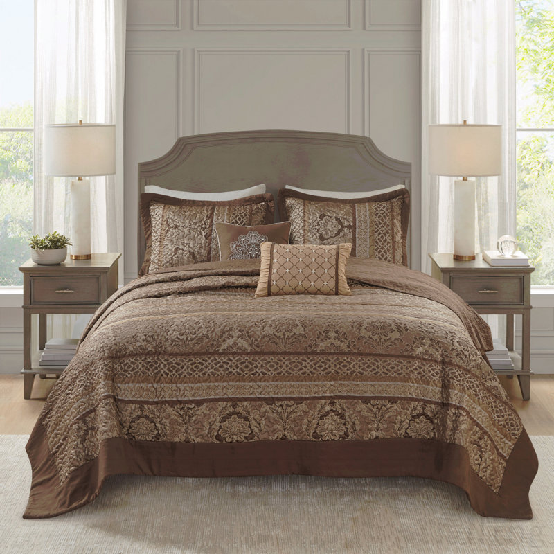 Ensemble de couvre-lit réversible 5 pièces en jacquard brun / doré