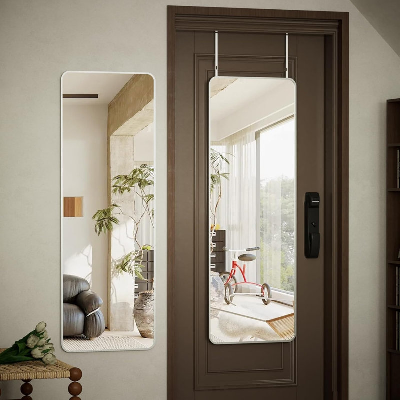 14" X 48" Full Length Over The Door Mirror, Adjustable Height Hanging Full Body Mirror With Shatterproof Tempered Glass And Aluminum Alloy Frame For Bedroom, Bathroom, Or Living Room, Silver