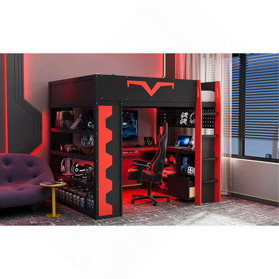 Full Size Gaming Loft Bed With Integrated Desk & RGB LED Lights, Pro-Gamer Bed With Power Outlet, Large Bookshelf, Pegboard, Keyboard Tray & Storage Drawer, 3 Colors Available