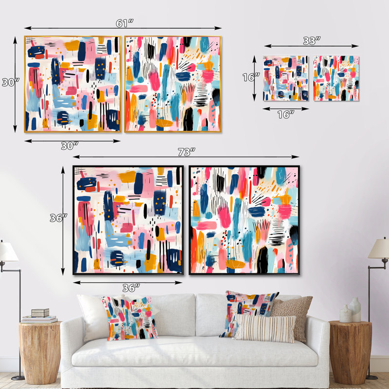 Paint Stripes Playfull Harmony - Ensemble de 2 collages carrés abstraits, Cadre flottant noir, H 16 po x l 33 po
