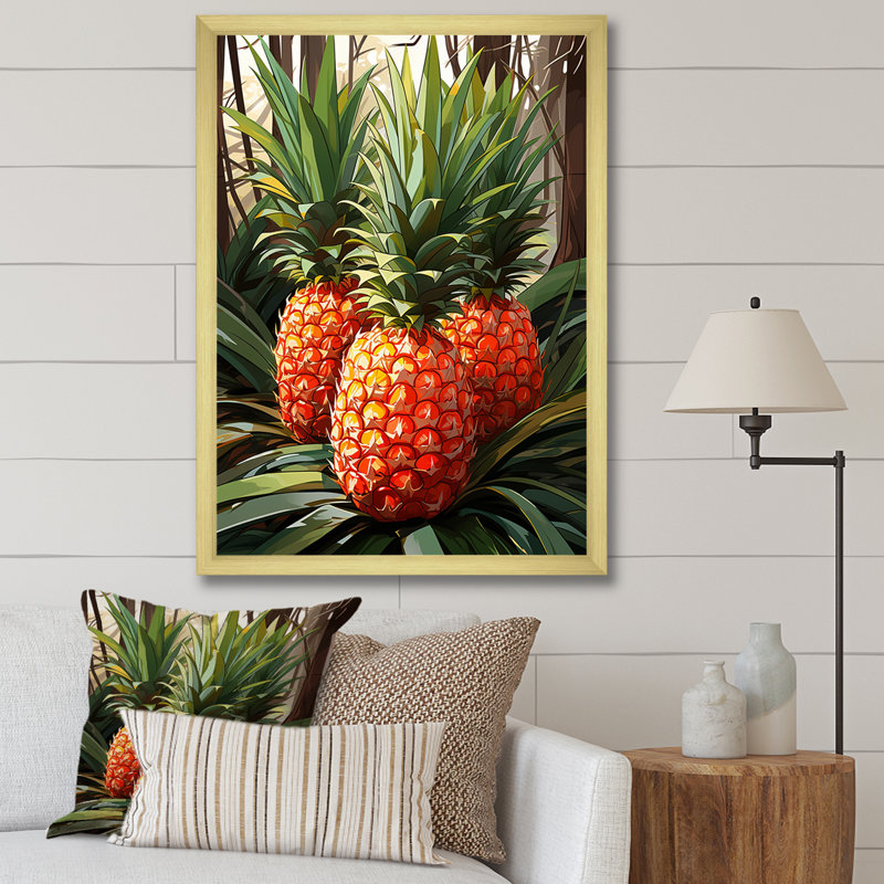 Pineapple Paradise II - Ananas, art mural, Encadrement doré, H 20 po x l 12 po x P 1 po