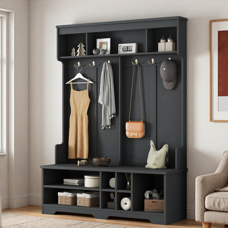 Modern Hall Tree With Metal Hooks, 3 Compartments, Shoe Cubbies And Wide Bench, Black