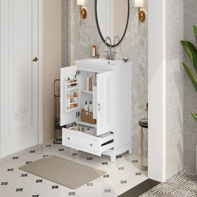 Meuble-lavabo de 30 po avec lavabo en céramique, meuble-lavabo à cadre en bois massif avec tablette réglable, tiroir avec cloison, pieds en bois massif