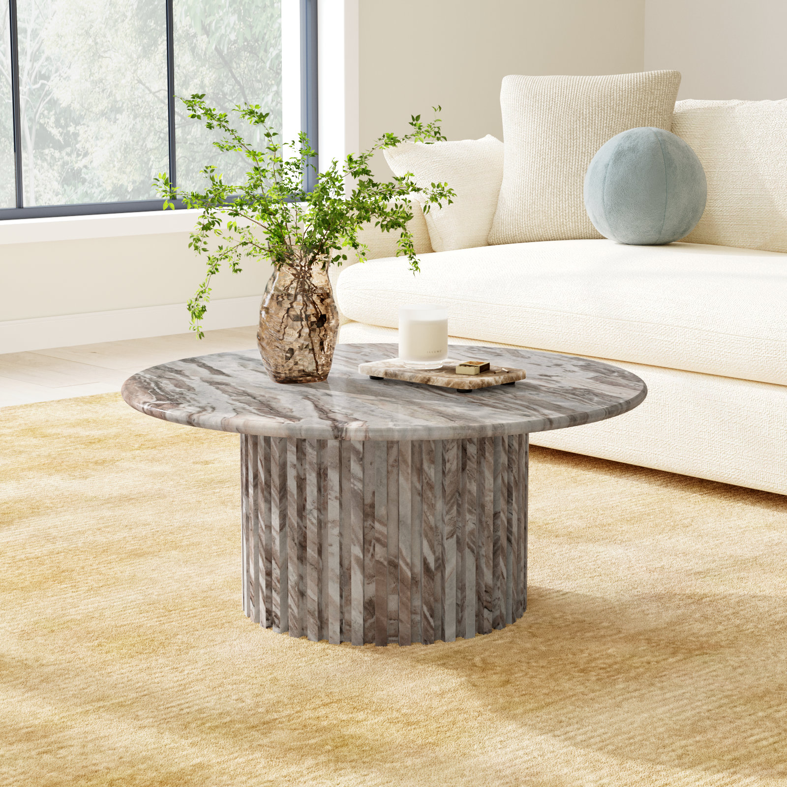 Genoa 36" Genuine Marble Coffee Table, Brown Marble