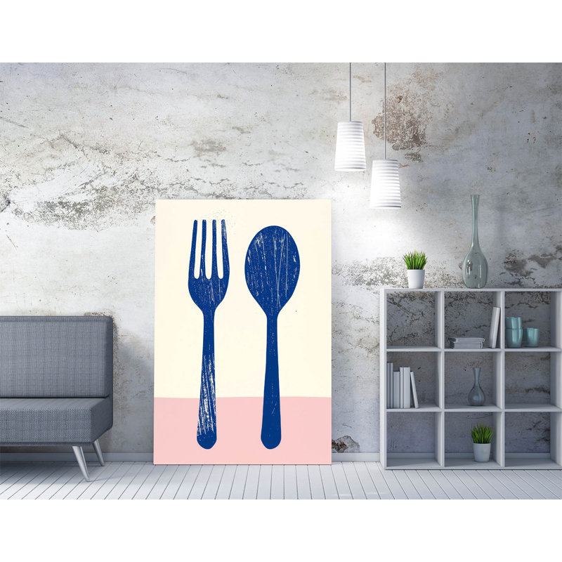 Fork & Spoon in Cobalt blue, pastel kitchen Canvas Wall Art Print Picture, 30.48cm H x 20.32cm W