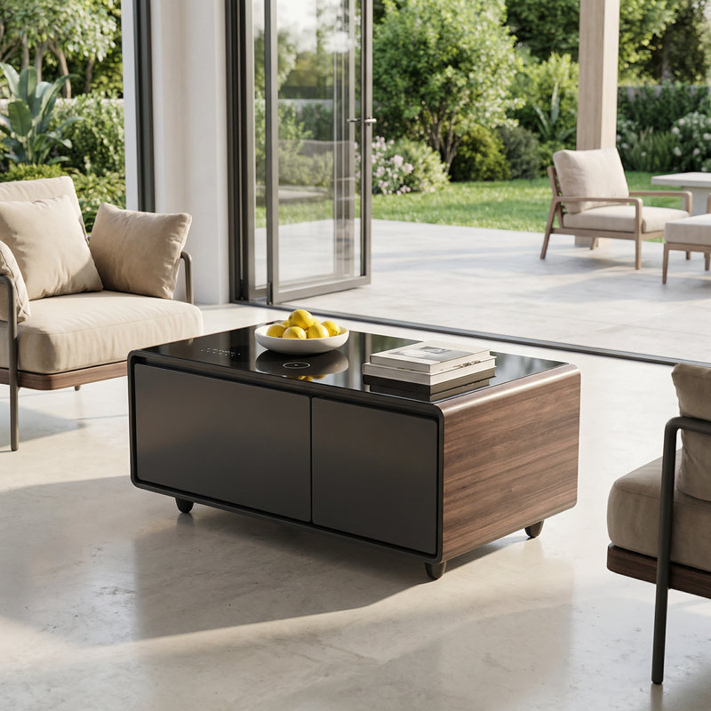 Modern Smart Coffee Table with Integrated Refrigerated Drawers, Bluetooth Speaker, Wireless Charging, Touch Control Panel, USB and Type-C Ports, Outlet Protection, Ambient Lighting, Brown Finish