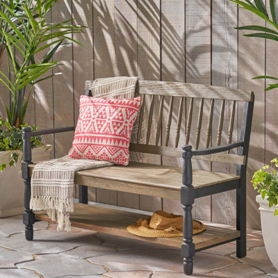 Banc d'extérieur en bois avec tablette, gris et noir pour un look élégant de rangement classique noir, fabriqué