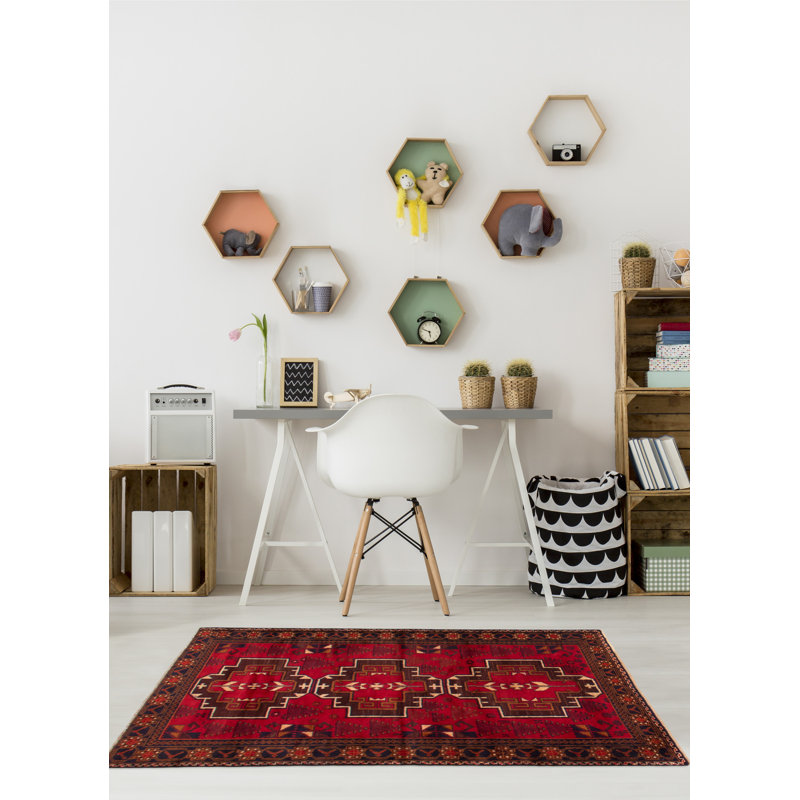 Tapis rouge noué à la main 3 pi 7 po x 6 pi 3 po Teimani