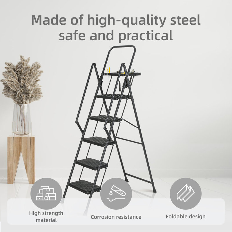 5-Step Reach Height Foldable Step Ladder With Tool Tray And Wide Non Slip Pedals, Convenient Handrails