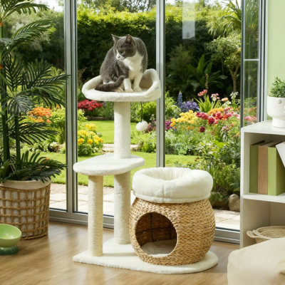 Centre d'activités pour chat 31 po avec poteaux à griffer, plateforme et lits douillets, velours doux naturel Cattail, pour 1 à 2 chats de moins de 11 lb