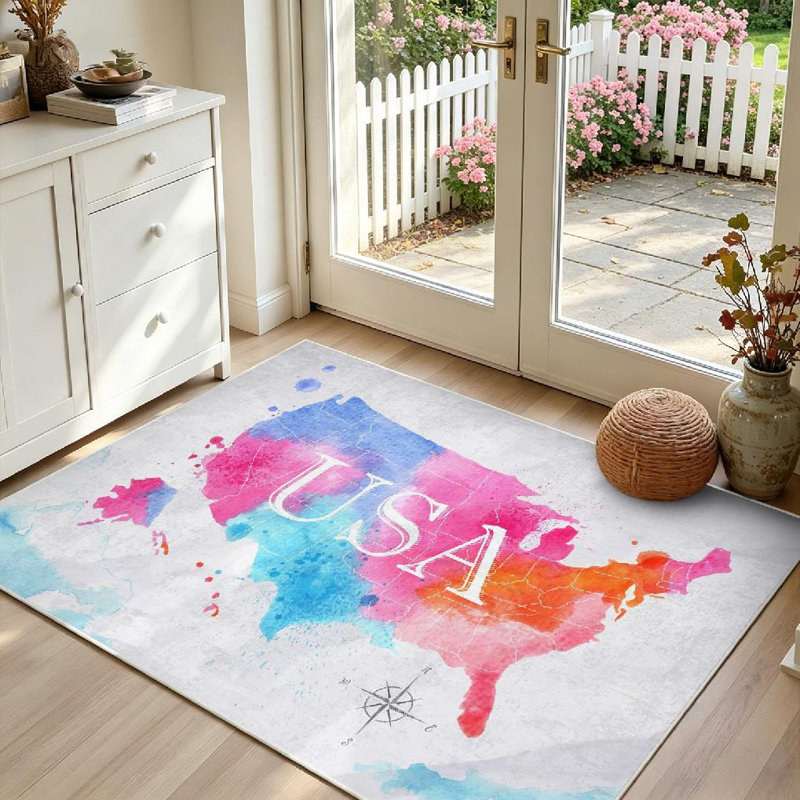 Tapis bleu rose lavable à la machine à l'aquarelle, Rectangle 39" x 63"