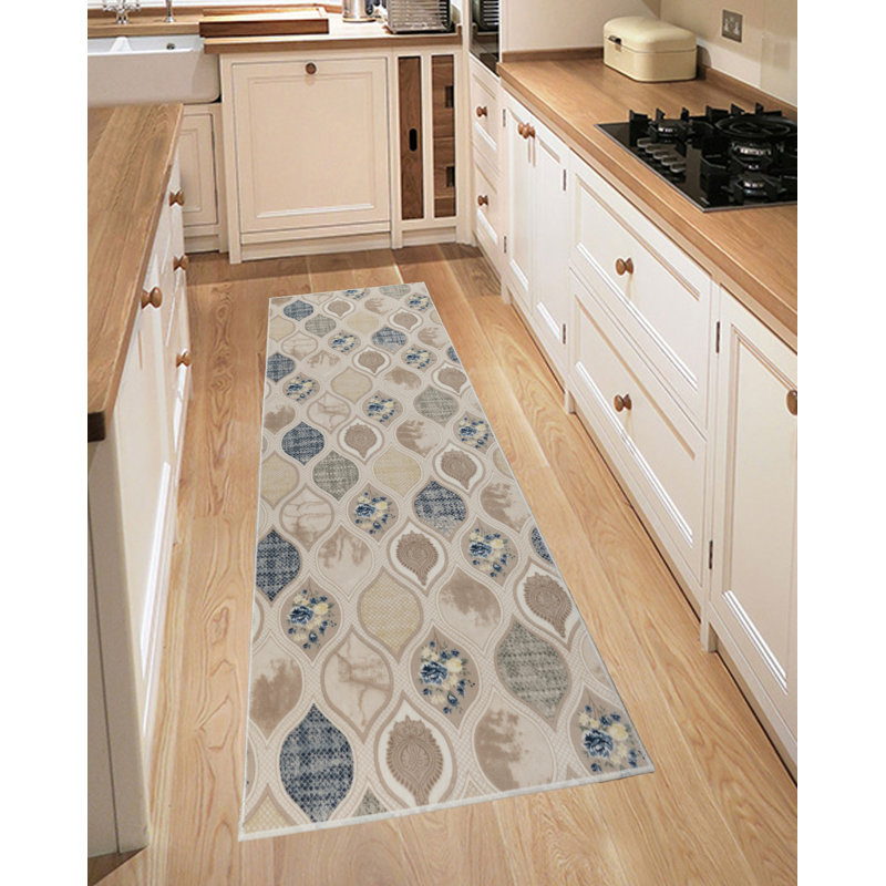 CUSTOM SIZE Anti-Slip Gel Dot Backing Antibacterial Low Profile Soft Cut Pile Damla Design Rug Runner, Runner 2'7" x 27'