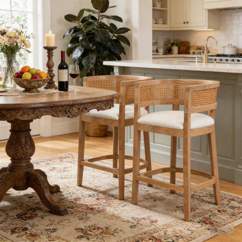 Ensemble de 2 tabourets de comptoir en bois et rotin avec accoudoirs rembourrés (table non incluse), Beige, Naturel