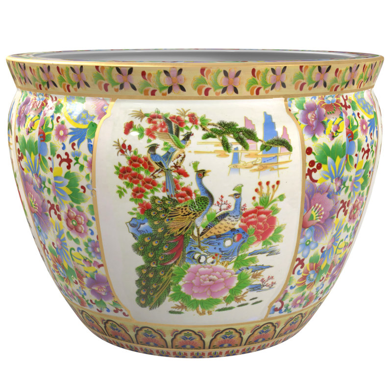 Satsuma Garden & Peacock Porcelain Fishbowl, 16.5" H x 20.5" W x 20" D, Birds and Flowers