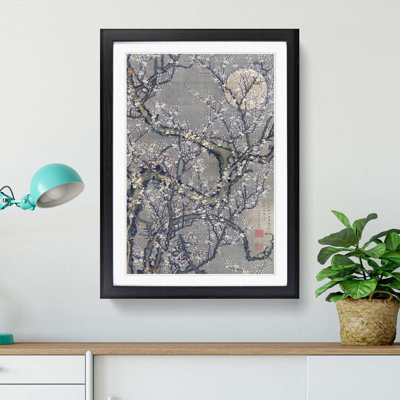 White Plum Blossom & Moon by Ito Jakuchu - Picture Frame Art Prints on MDF, Black Framed, 48cm H x 36cm W x 2cm D