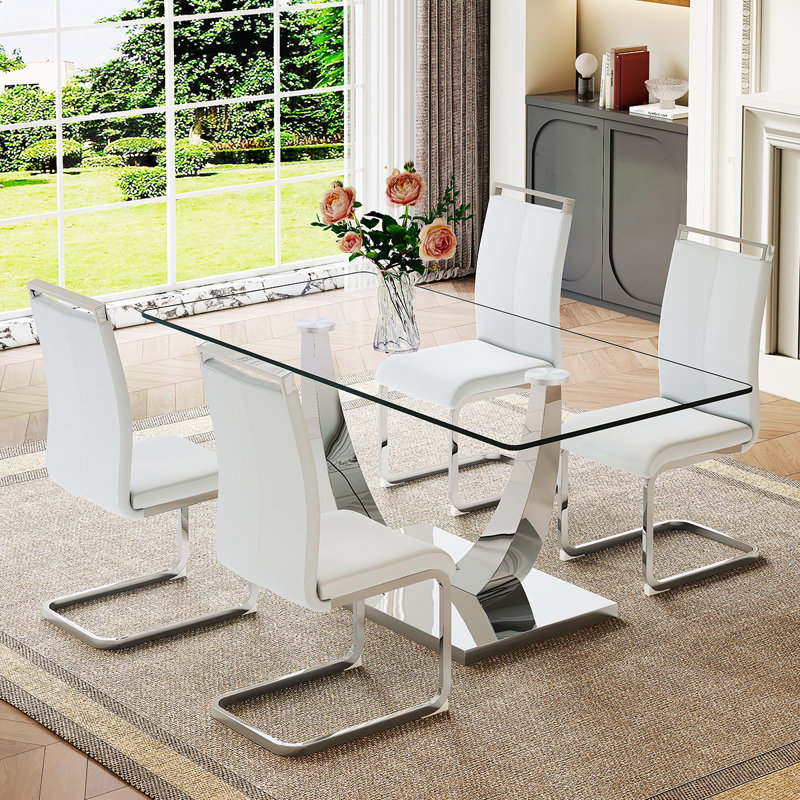 Nhieu 4 - Person Pedestal Dining Set, White, Silver