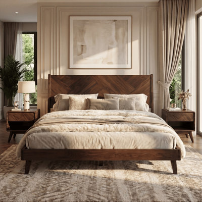 Gazelle Solid Wood Bed Frame with Artistic Patterned Headboard, King size bed frame, Walnut