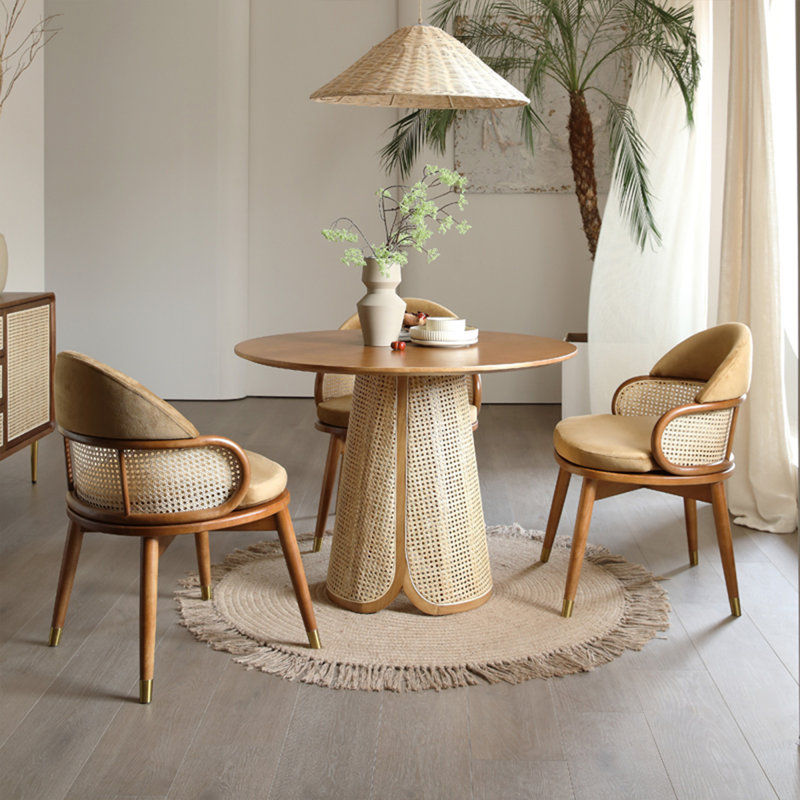 Table de salle à manger ronde 31,50 "en bois massif minimaliste moderne avec détails en rotin, 29.53" H x 31.50" W x 31.50" D