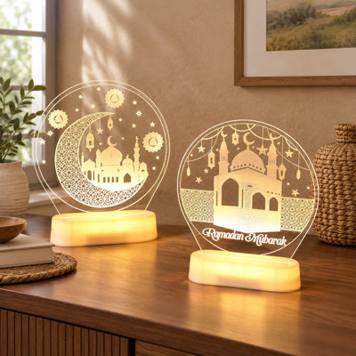 Cet ensemble de 2 veilleuses LED Ramadan comprend des centres de table lanternes en forme de château en croissant de lune avec un style de mosquée islamique pour la décoration de la maison et de la table de l'Aïd Moubarak, l'artisanat musulman et les cadeaux de l'Aïd (Lovely).